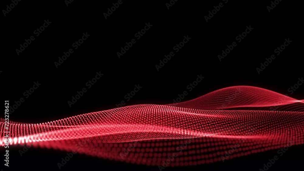 Poster futuristic video animation with wave object and glitter particles in slow motion, neon particles bac