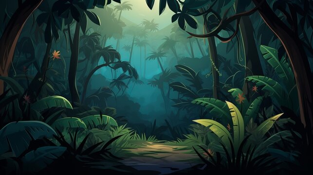 Nature mountain forest jungle landscape background in vector flat color