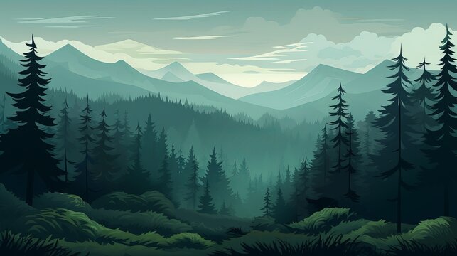 Nature mountain forest jungle landscape background in vector flat color