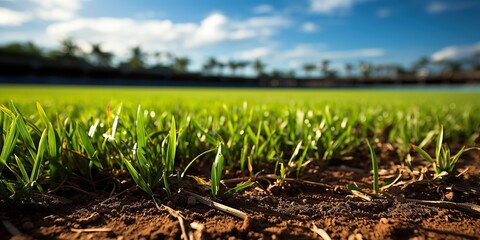 Close-up of vibrant green grass blades with a blurred baseball field background