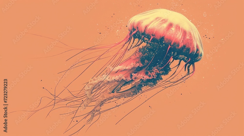 Poster a close up of a jellyfish floating in the water on an orange background with water droplets on the b