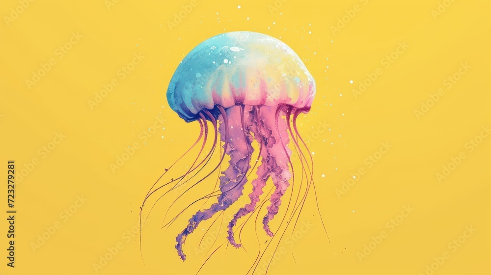 Poster a jellyfish floating in the air on a yellow background with water droplets on the bottom of the jell