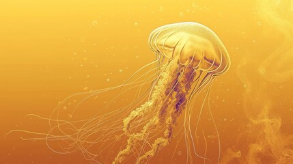 a close up of a jellyfish in a body of water with bubbles on the bottom of it's head and bottom of it's head, with a yellow background.