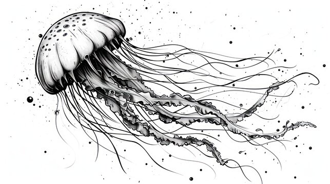  a black and white drawing of a jellyfish with water droplets on it's body and a black and white drawing of a jellyfish with water droplets on it's head.
