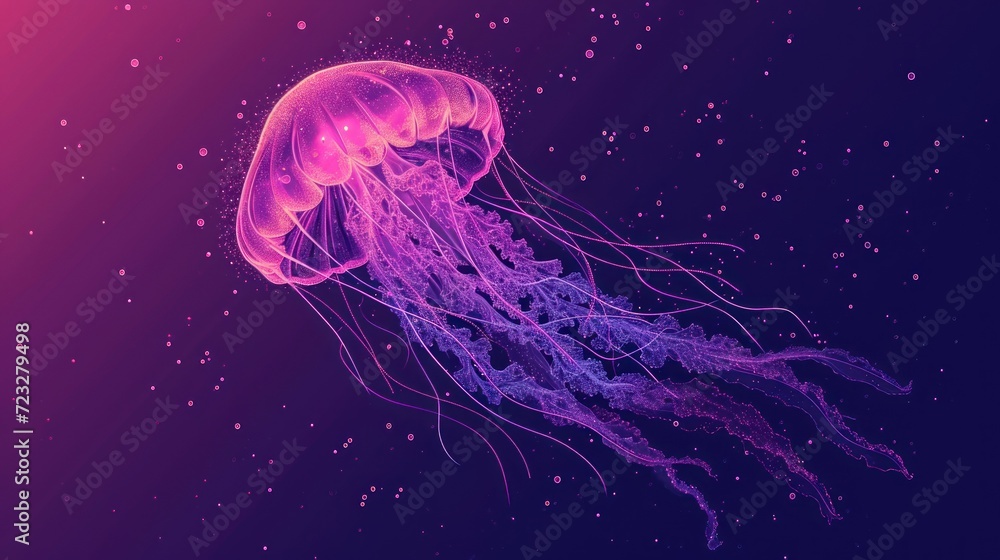 Poster a close up of a jellyfish on a purple and pink background with small dots of light on the bottom of 