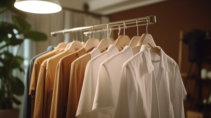 Clean clothes or shirts hanging on a laundry rack in the laundry room. Created with Generative AI