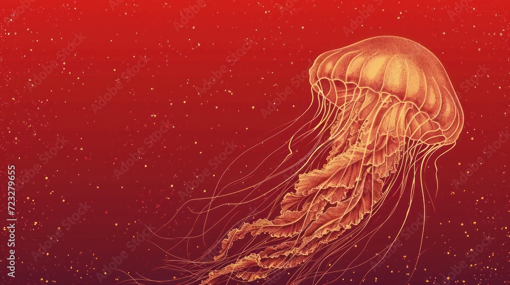 Aufkleber a drawing of a jellyfish floating on a red and pink background with gold flecks on the bottom of the
