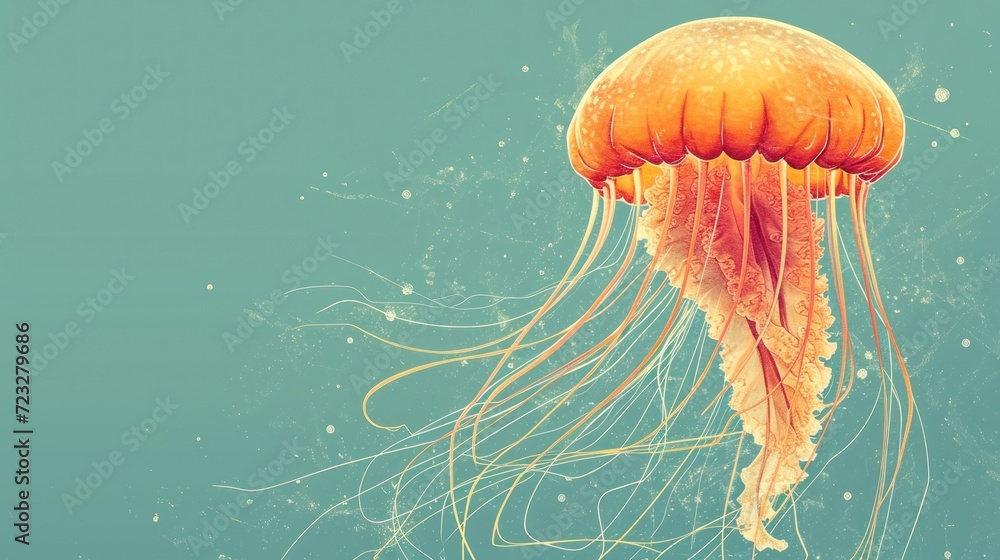 Poster a close up of a jellyfish floating in the water with bubbles on the bottom of it's head and bottom o