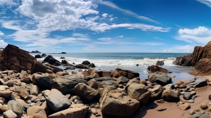 Fototapeta na wymiar Panoramic view of rocks on beach against sky