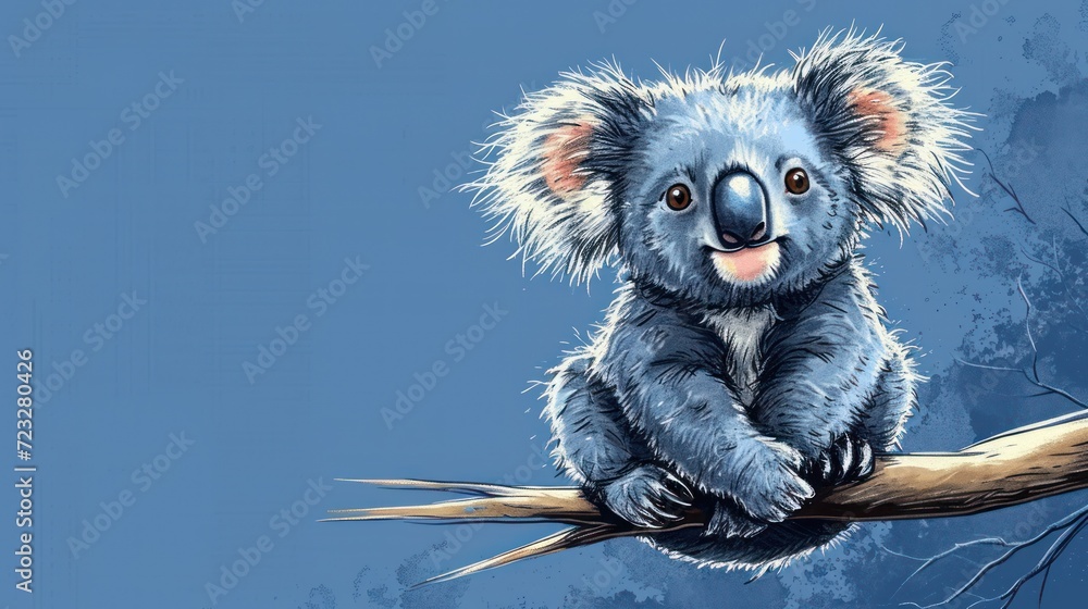 Poster a painting of a koala sitting on a tree branch with a blue sky in the background and a tree branch w