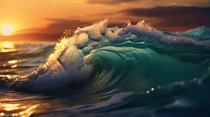 sea wave close up at sunset time Ai Generated - obrazy, fototapety, plakaty