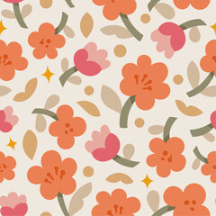 Cute vector floral seamless pattern. Colorful flowers background. Trendy repeat texture for fashion print, wallpaper or fabric.