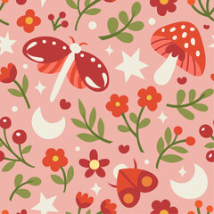 Seamless cozy pattern with vector forest and mushroom elements. Cute magical background design.