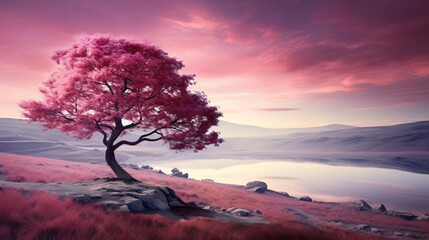 Fototapeta na wymiar Pink nature landscape with vegetation