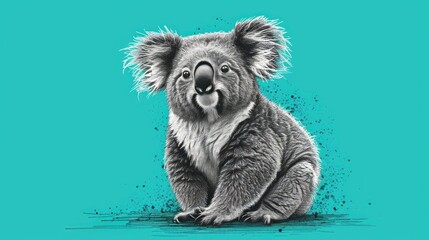  a drawing of a koala sitting on the ground with its eyes open and a surprised look on its face, on a teal background with black and white spots.