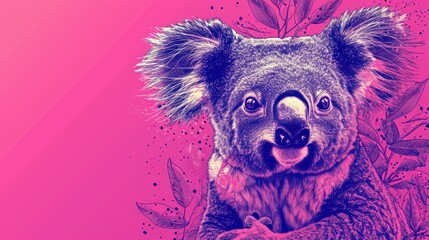 Fototapeta premium a close up of a koala on a pink background with a leafy pattern on the bottom of the image and a pink background with leaves on the bottom of the image.