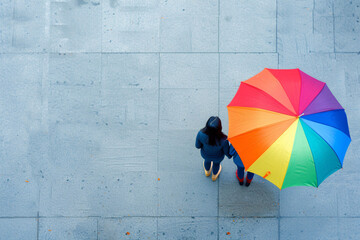 Friends Sharing a Rainbow Umbrella, Aerial View, Unity in Diversity Concept