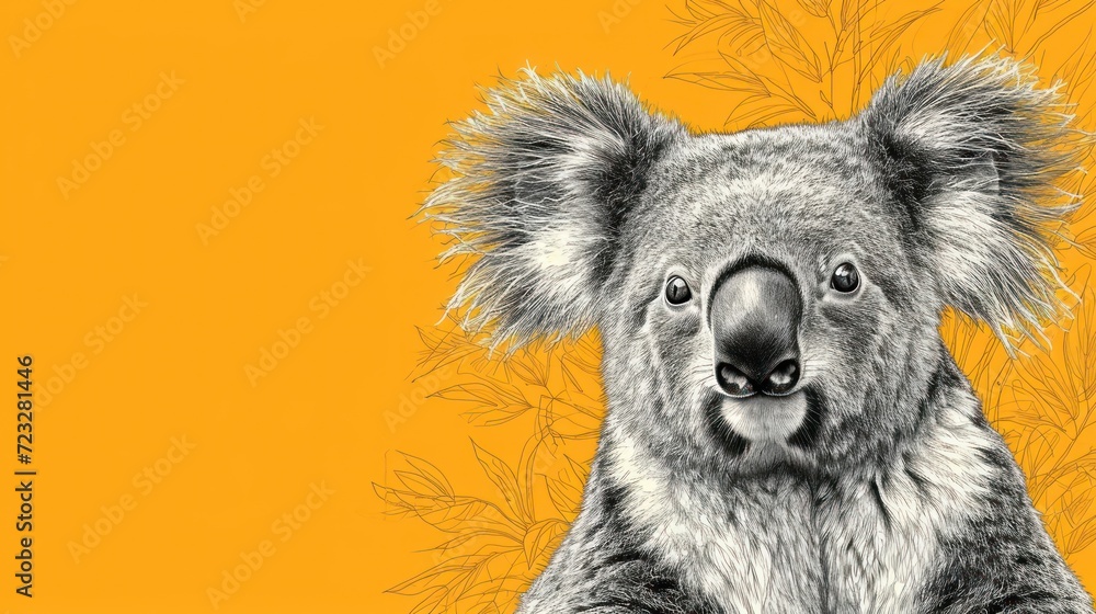 Poster a black and white drawing of a koala on a yellow background with a tree branch in the foreground and