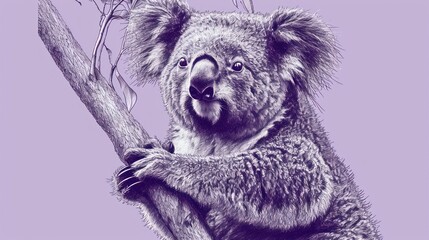 Fototapeta premium a drawing of a koala sitting on a tree branch with its head turned to the side and it's eyes wide open, with its mouth wide open.