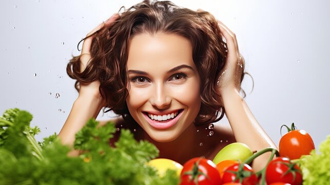 Portrait of a smiling young woman with fresh vegetables isolate