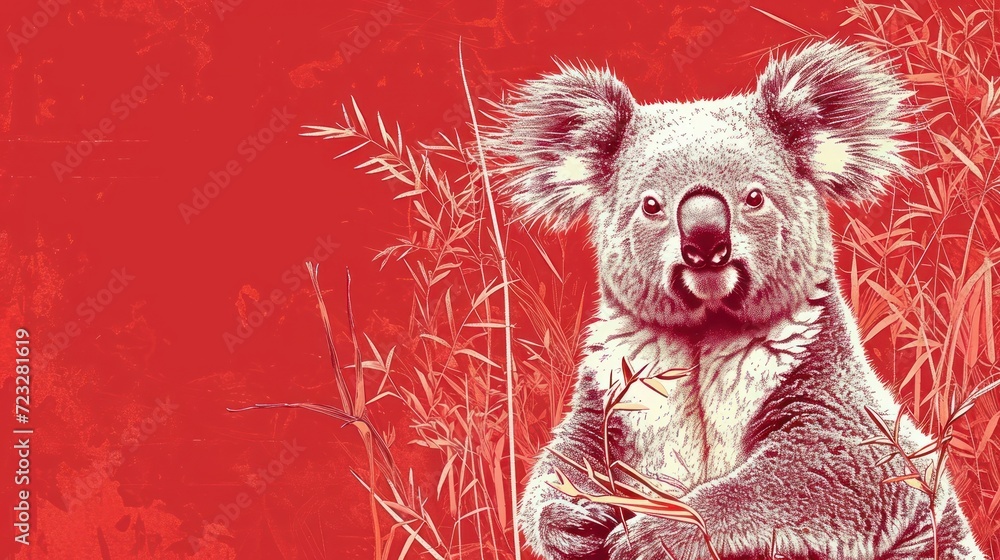 Poster a drawing of a koala standing in a field of tall grass with its mouth open and it's tongue out, with