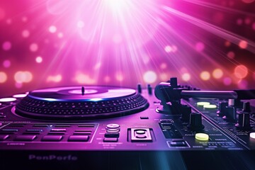 DJ desk, with records on a background of laser beams in pink purple colours, background with space...