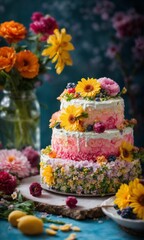 Obraz na płótnie Canvas Flower cake, flowers, food photography, beautiful, delicious food, recipe photography, realistic, natural light, colorful, food art, object photography, still life food photography, ultra hd, bokeh, c