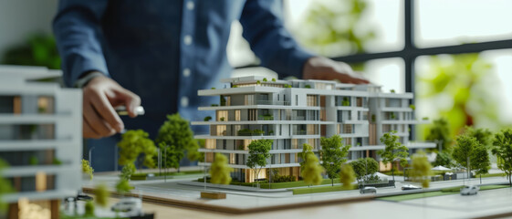 Architect fine-tunes a detailed residential model with greenery and cars, embodying urban design's precision and care