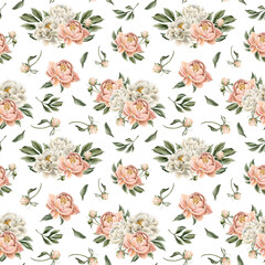 Floral watercolor seamless pattern with white and peach fuzz peony flowers, buds and green leaves on white background