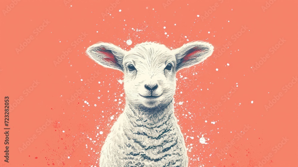 Aufkleber a close up of a sheep on a red background with a splash of paint on the sheep's face and the sheep's