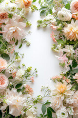 Fototapeta na wymiar A delicate frame of blossoms envelops a pristine white space
