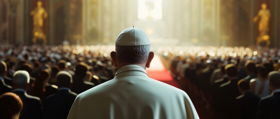 The Pope stands facing a crowd during a service, embodying spiritual leadership and reverence - obrazy, fototapety, plakaty