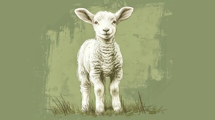  a drawing of a lamb standing in a field of grass with a grungy look on it's face and the lamb's head is looking at the camera.