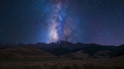 A starry night sky over a peaceful mountain landscape with a clear view of the Milky Way.