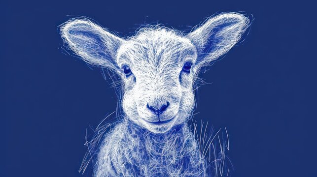 a close up of a sheep's face on a blue background with a blurry image of the sheep's face and the sheep's head is looking at the camera.