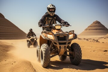 safari in sand desert. Quad bike on sand dune. ai generated - obrazy, fototapety, plakaty