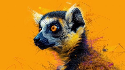  a close up of a lemura's face with yellow and purple paint splattered on it's face and a black nose and yellow background.