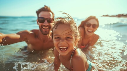 Happy family swimming in the sea with water splashing and laughing, family holiday in the water