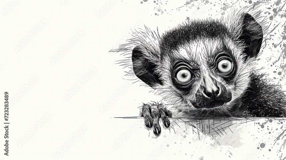 Poster a black and white drawing of a monkey with eyes wide open and a mouse in the foreground with paint s