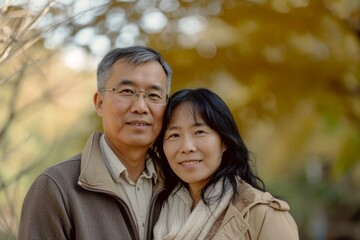 Beautifully Symmetrical Outdoor Portrait Session Featuring An Asian Couple, Centered Composition With Space For Copy.
