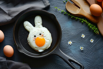 Fried egg with bunny shaped in pan for Easter Day.