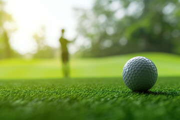 Obraz premium Golf ball on green with blur golfer at the back