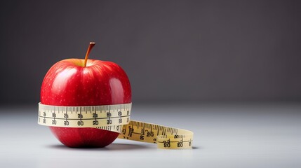 Red apple with measuring tape on white table