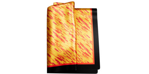 yellow silk pocket square with a geometric red pattern and a thick black and red border isolated on a transparent background. Folded pocket square