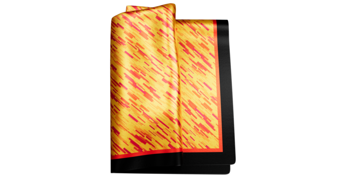 yellow silk pocket square with a geometric red pattern and a thick black and red border isolated on a transparent background. Folded pocket square