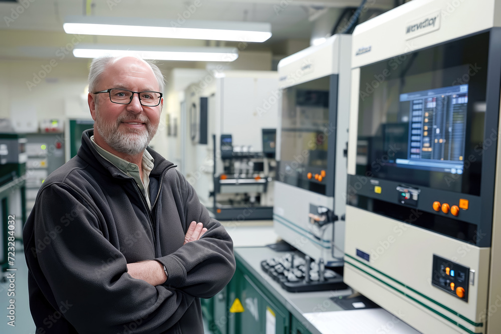Poster director of production standing in front of a group of machines with a computer screen
