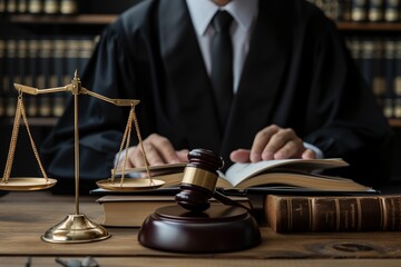 Judge against a background of a gavel and scales of justice with books of laws