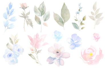 Watercolor light pink and blue floral borders, wreaths, bouquets. Dusty, soft blush flowers PNG. spring and summer pastel  floral clipart. wedding stationary, greetings, fashion, background - obrazy, fototapety, plakaty