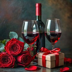 Fototapeta na wymiar Love Display: Roses, Wine Divider, Gift Box, Two Glasses