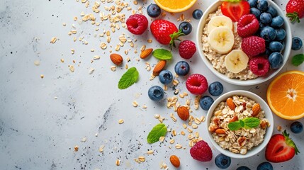healthy breakfast setup with oatmeal and fruits on a white backdrop, focus on nutrition and wellness - Powered by Adobe
